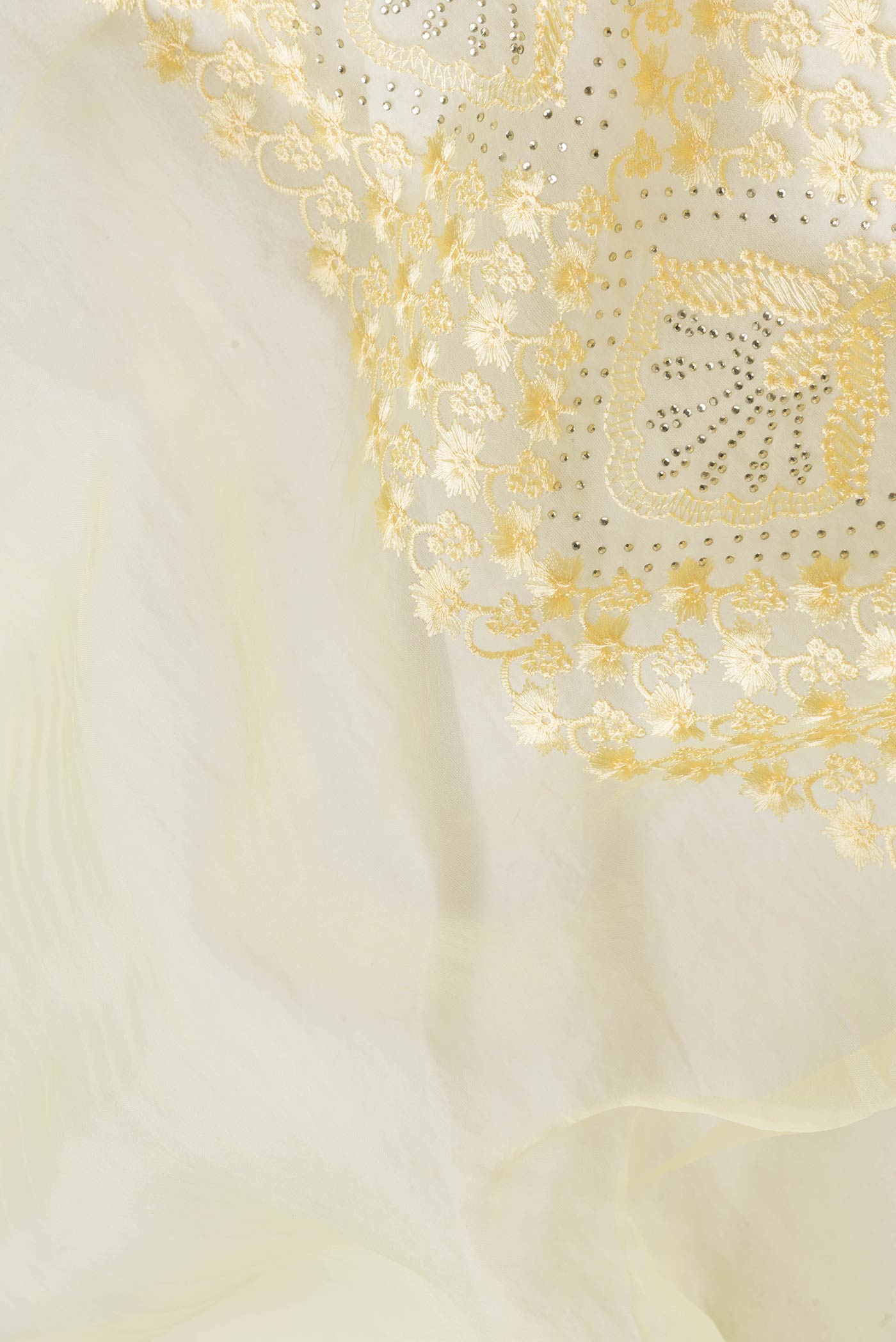 Close up of Yellow Dual Tone Organza Silk Saree with Embroidery on the body and Embroidery Border.  displaying folds