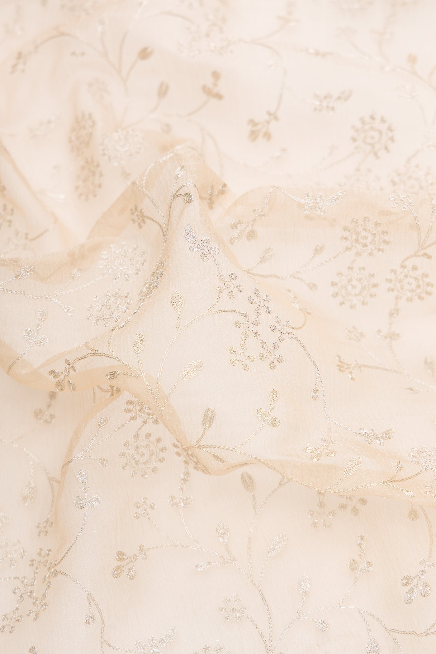 Close up of Beige Dual Tone Organza Silk Saree with Embroidery on the body and Embroidery Border.  displaying folds