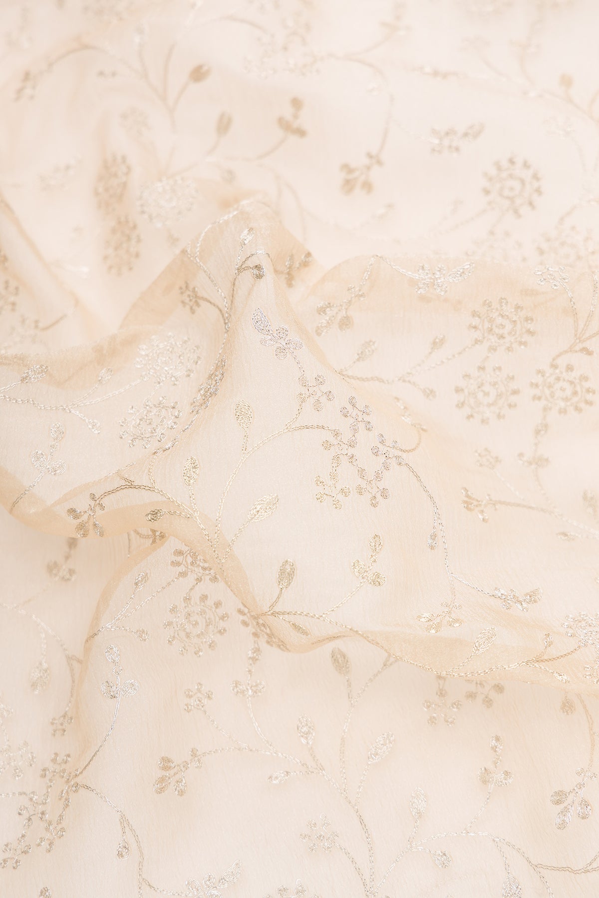 Close up of Beige Dual Tone Organza Silk Saree with Embroidery on the body and Embroidery Border.  displaying folds