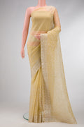 Sandal Dual Tone Organza Silk Saree with Embroidery on the body and Embroidery Border.  displayed on a mannequin