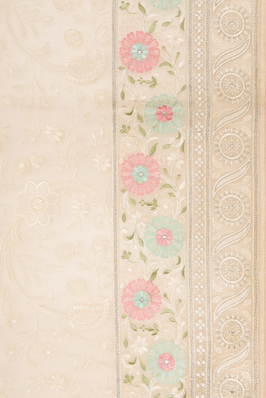 Border image of Sandal Dual Tone Organza Silk Saree with Embroidery on the body and Embroidery Border. 
