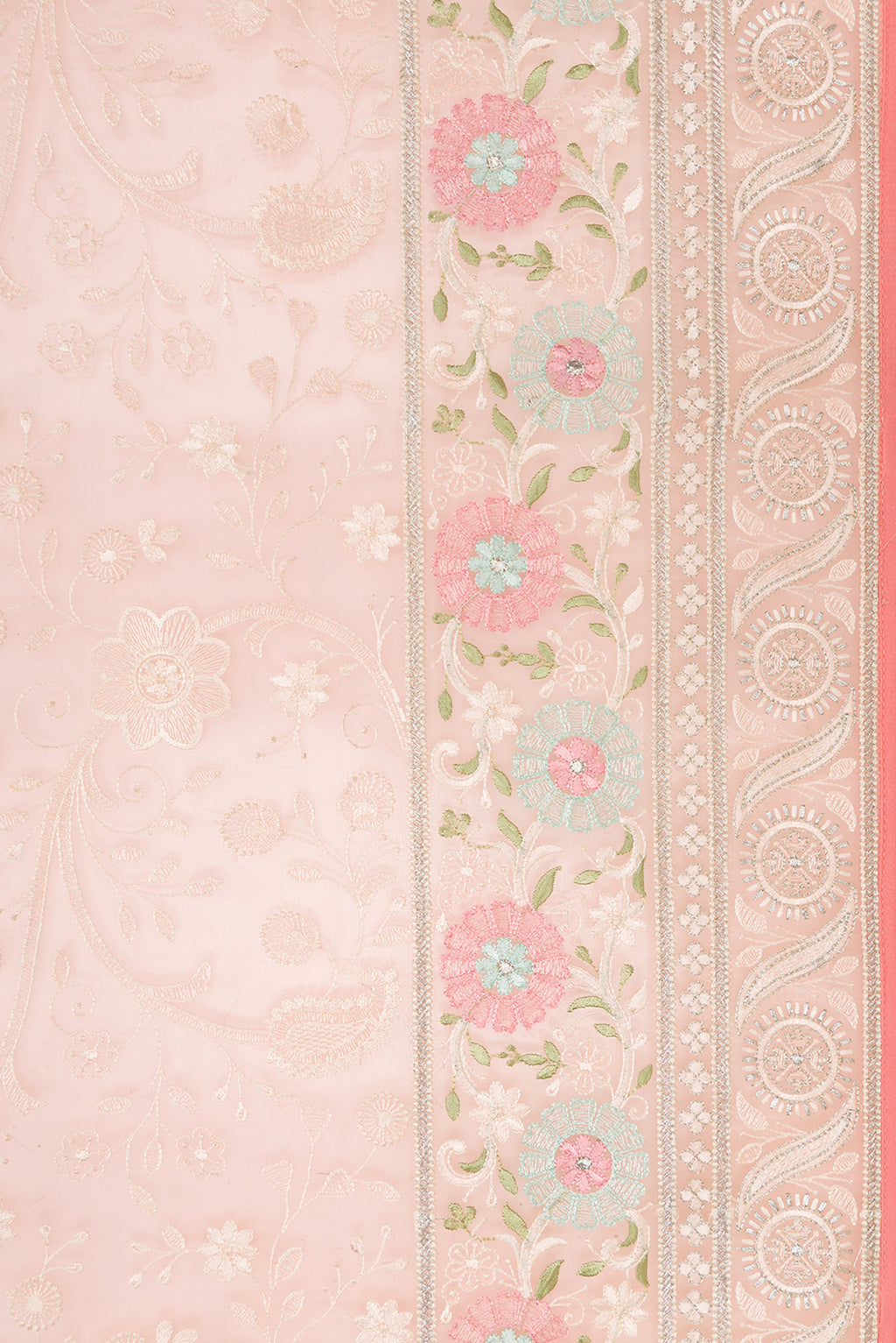 Border image of Golden Peach Dual Tone Organza Silk Saree with Embroidery on the body and Embroidery Border. 