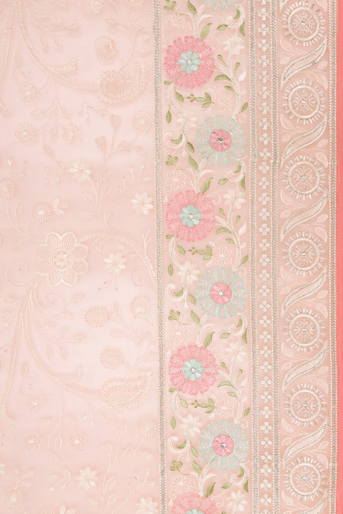 Border image of Golden Peach Dual Tone Organza Silk Saree with Embroidery on the body and Embroidery Border. 