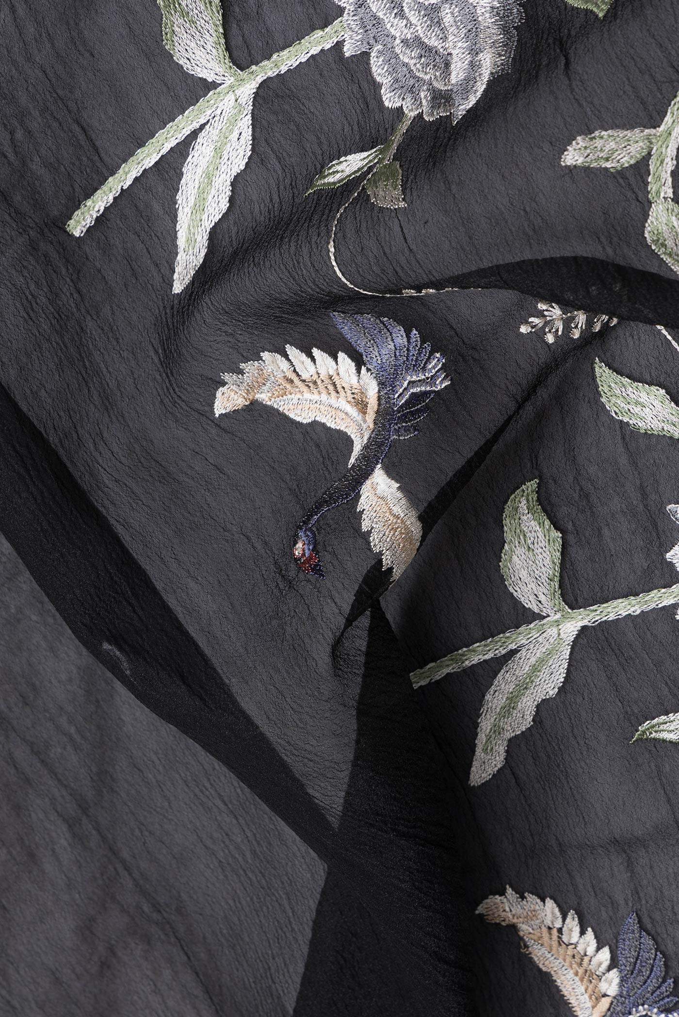 Close up of Black Dual Tone Organza Silk Saree with Embroidery on the body and Embroidery Border.  displaying folds