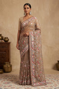 Model wearing a Brown Organza Silk Saree with Embroidery on the body and Embroidery Border.