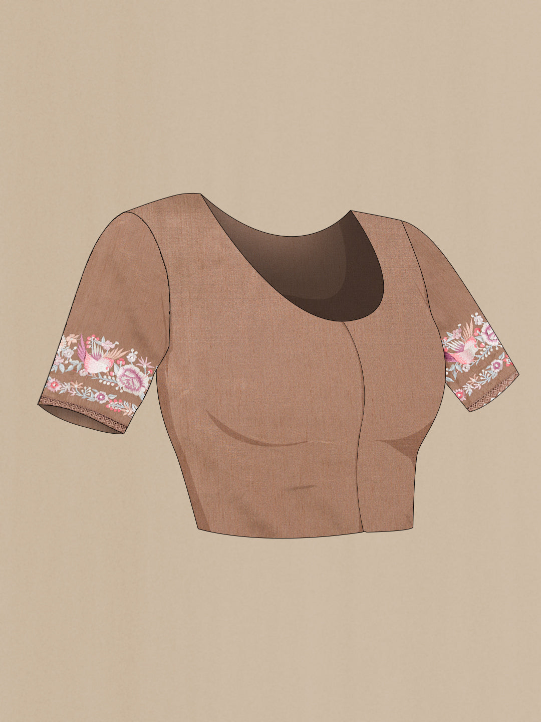 Close up image of the blouse of Brown Dual Tone Organza Silk Saree with Embroidery on the body and Embroidery Border. 