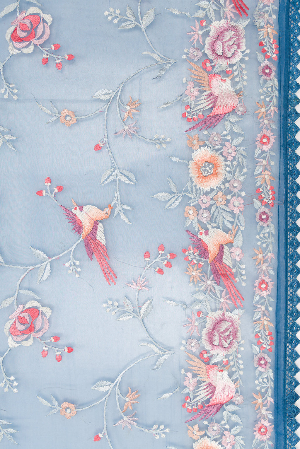 Border image of Maya Blue Dual Tone Organza Silk Saree with Embroidery on the body and Embroidery Border. 