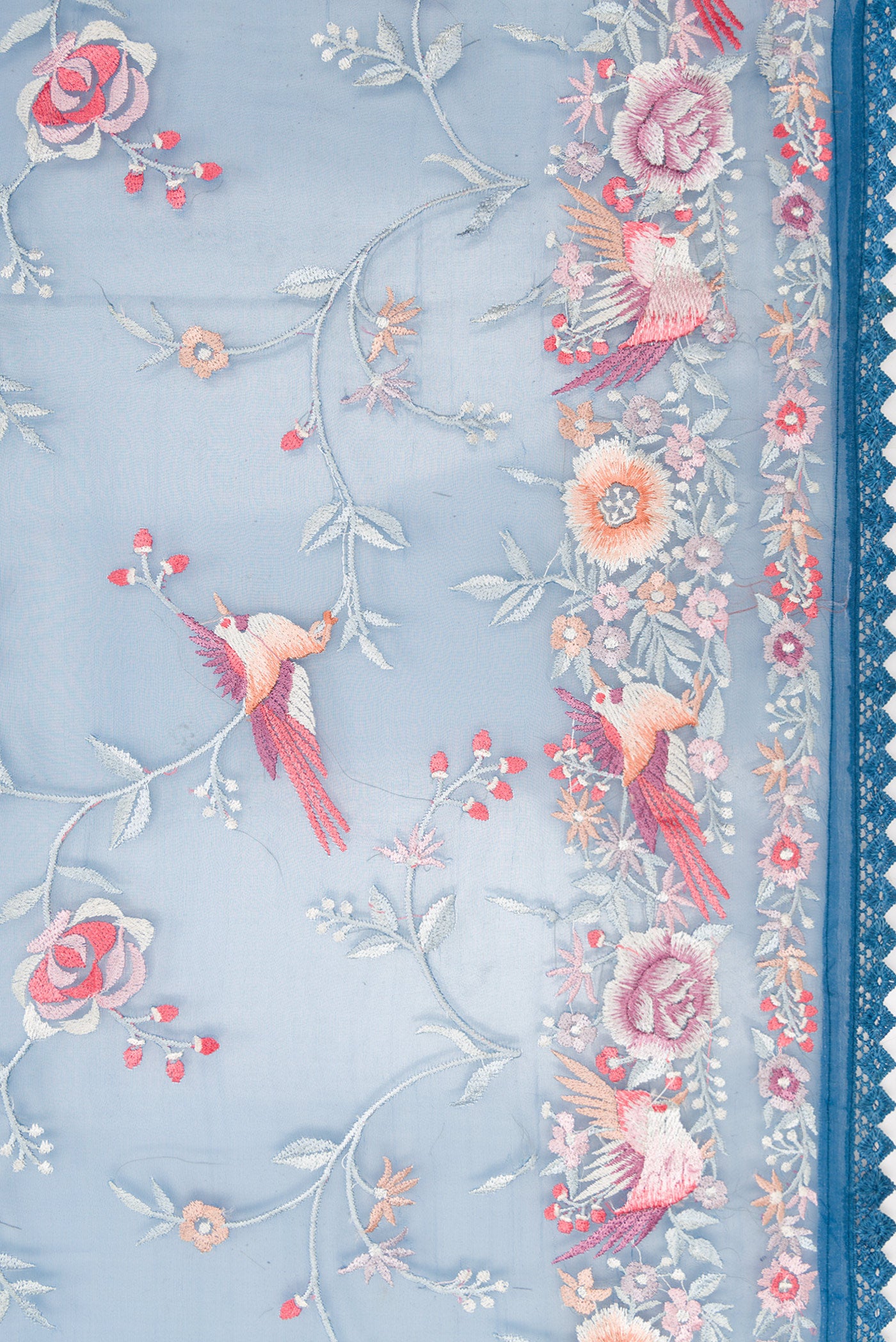 Border image of Maya Blue Dual Tone Organza Silk Saree with Embroidery on the body and Embroidery Border. 