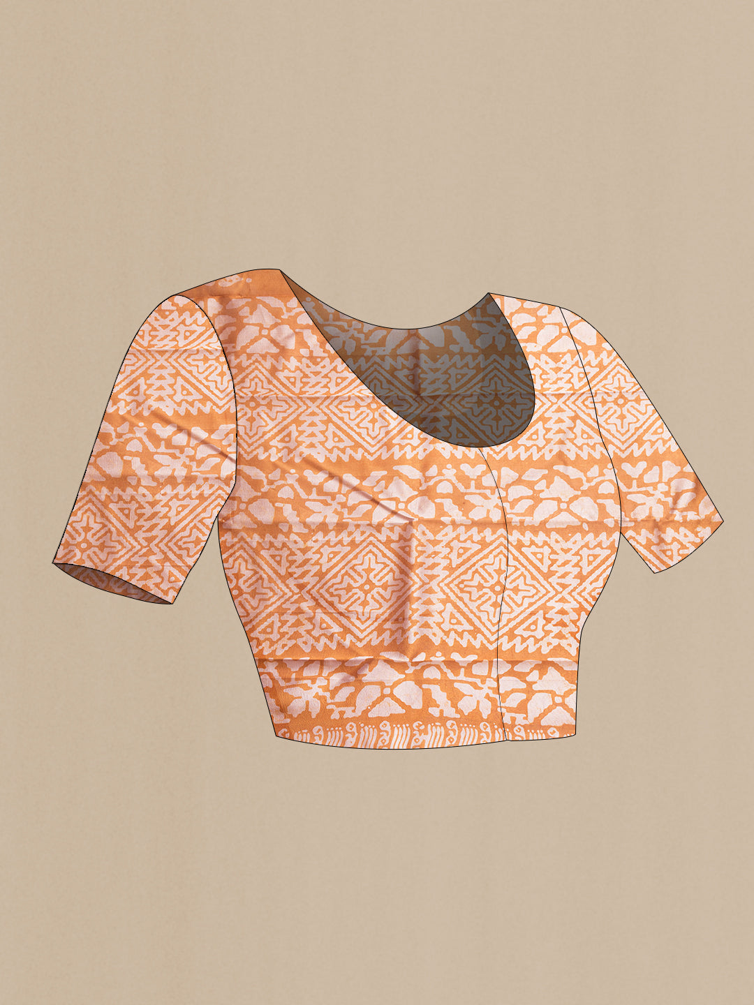 Close up image of the blouse of Mustard Dual Tone Tussar Silk Saree with Printed design on the body and Printed Border. 