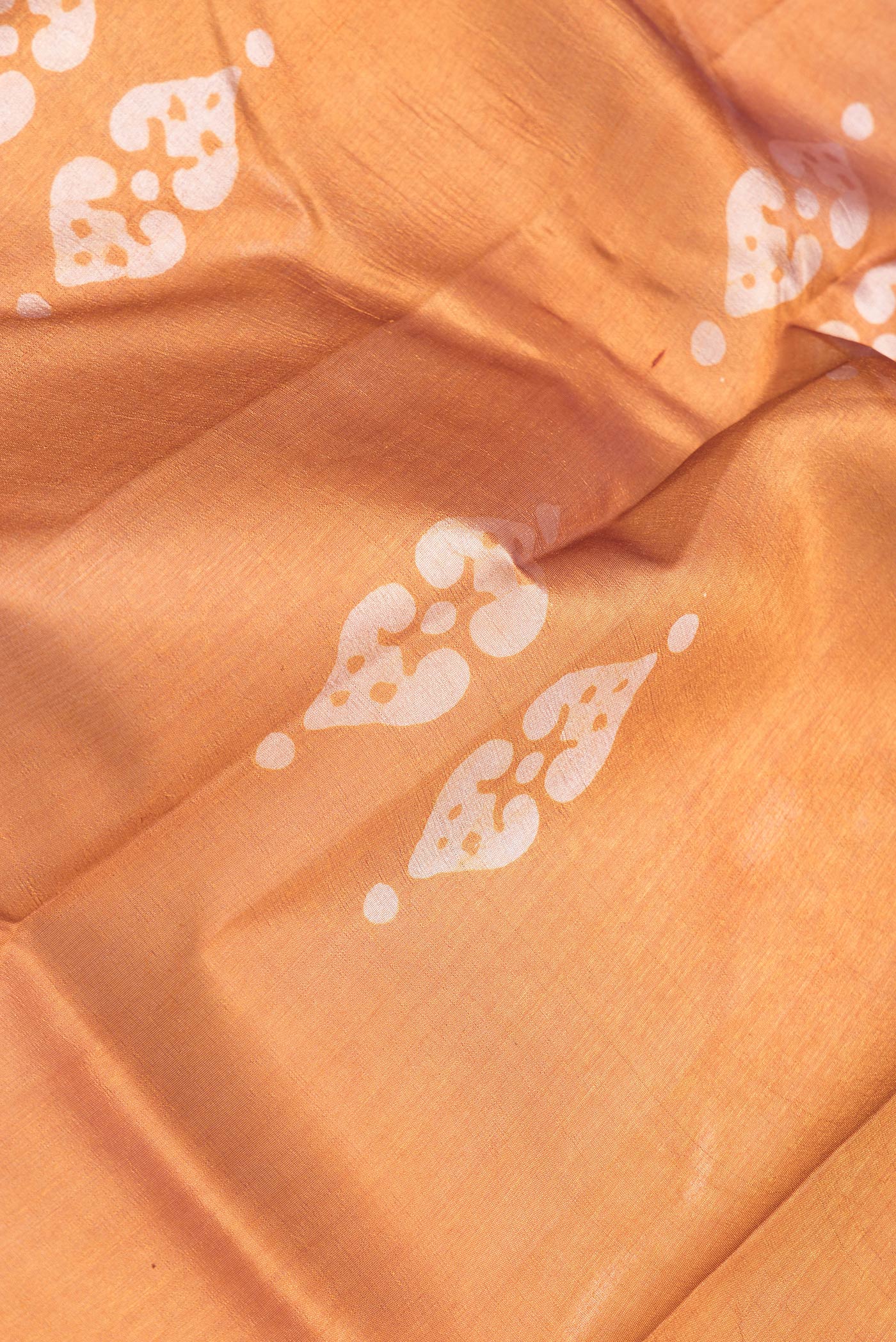 Close up of Mustard Dual Tone Tussar Silk Saree with Printed design on the body and Printed Border.  displaying folds