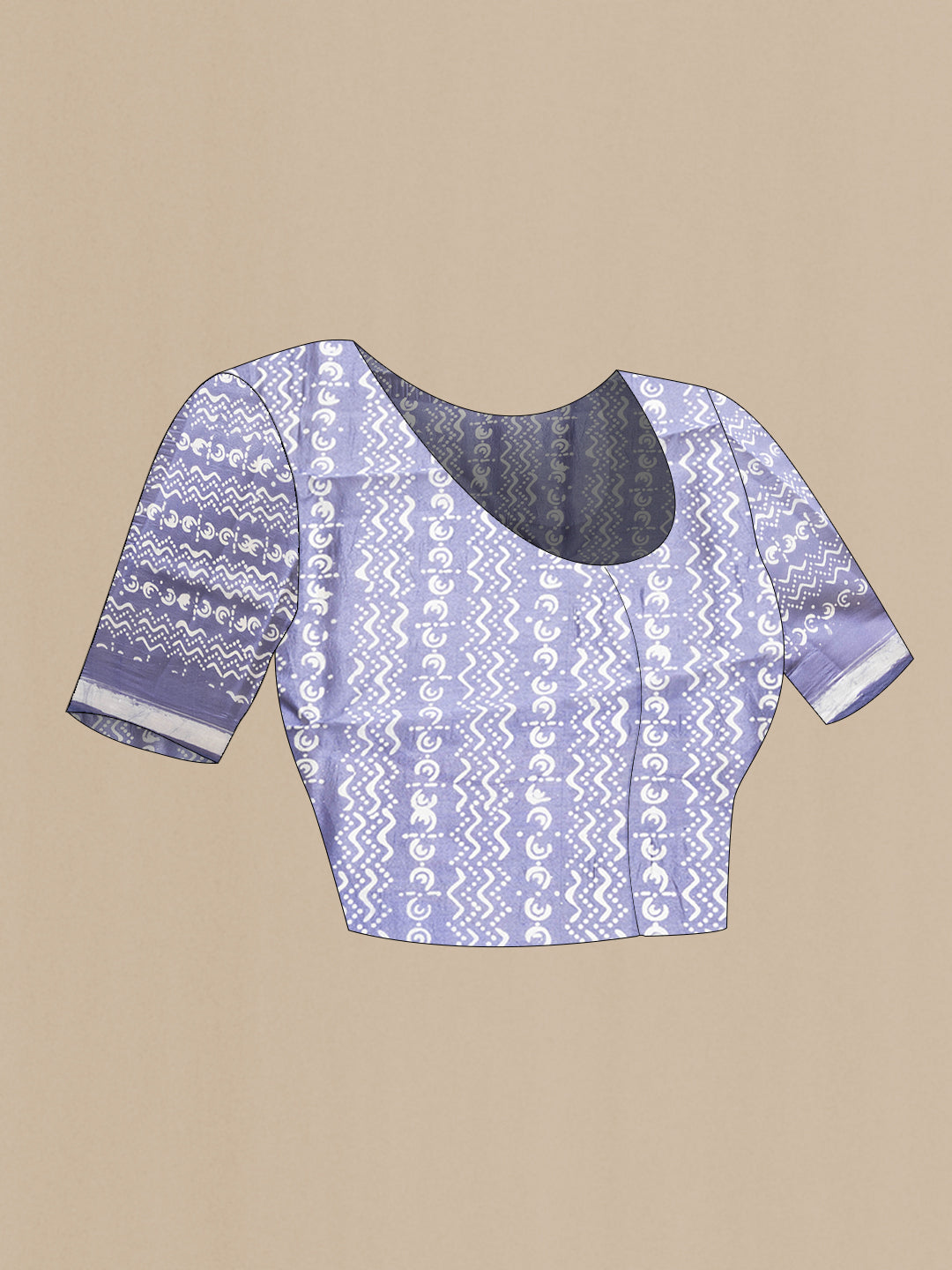 Close up image of the blouse of Violet Dual Tone Tussar Silk Saree with Printed design on the body and Printed Border. 