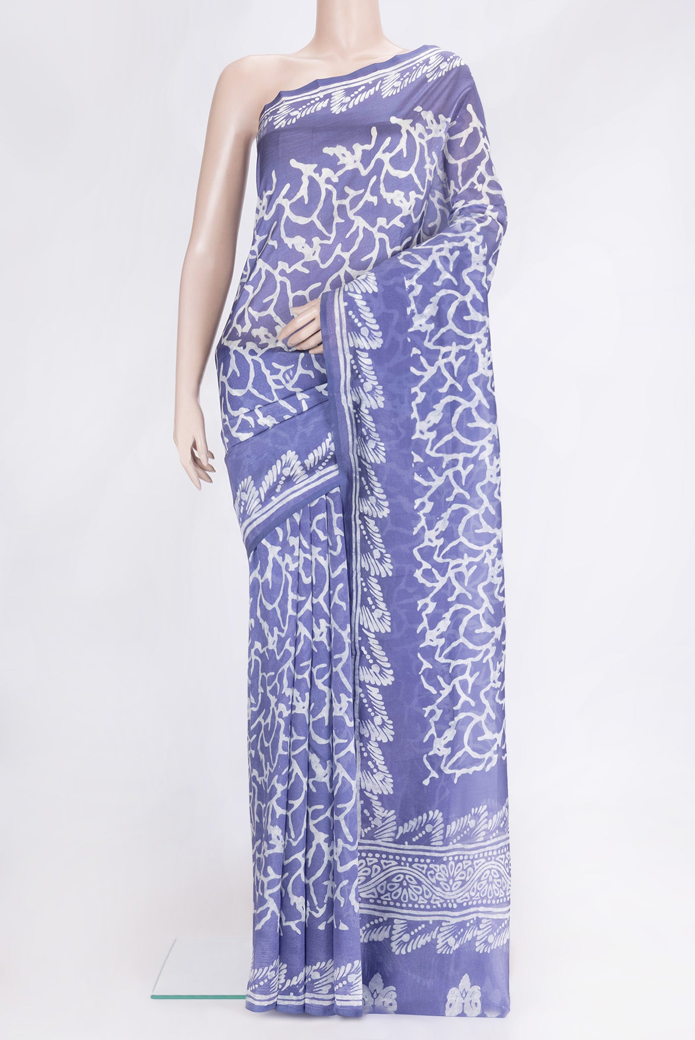 Violet Dual Tone Tussar Silk Saree with Printed design on the body and Printed Border.  displayed on a mannequin