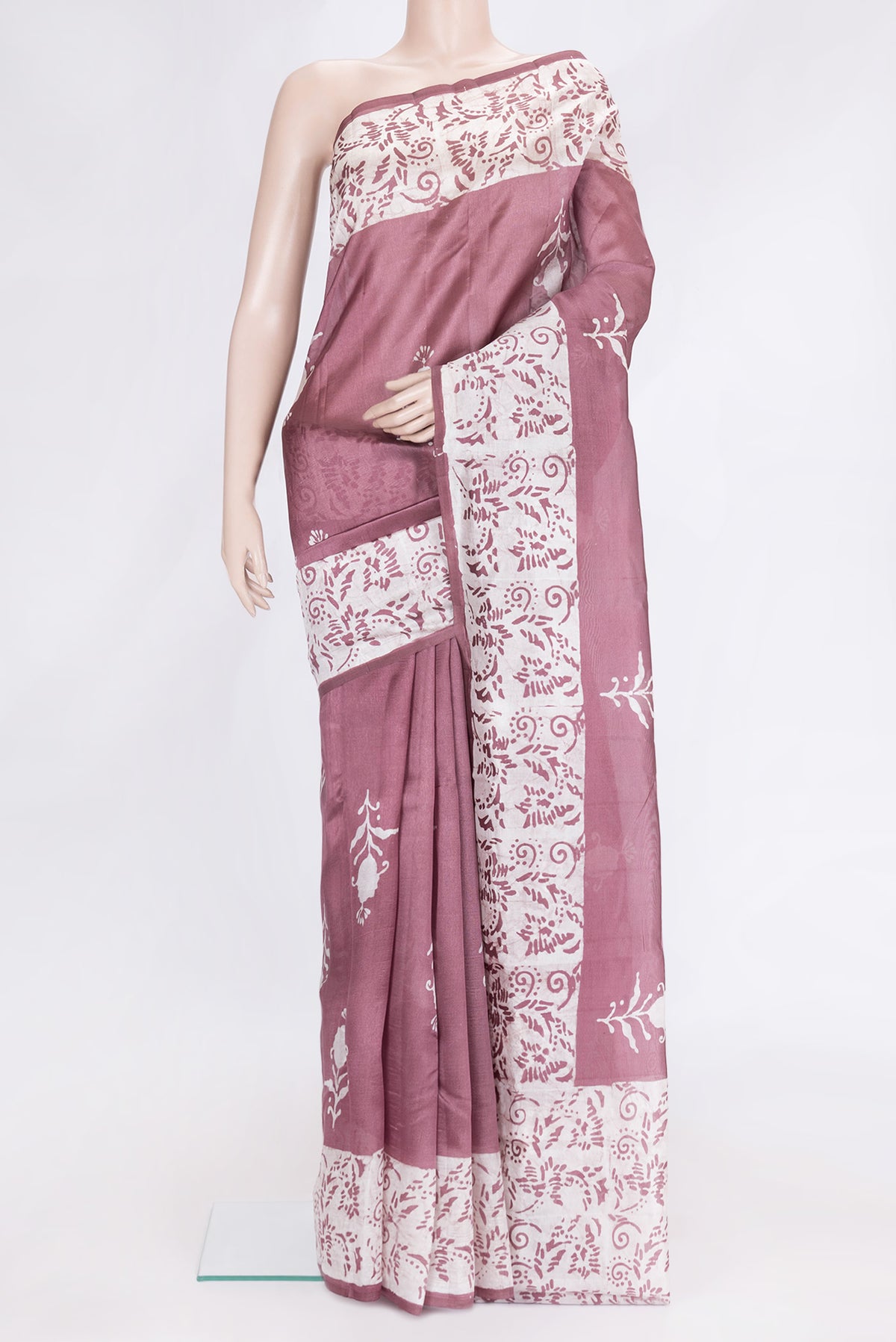 Purple Dual Tone Tussar Silk Saree with Printed design on the body and Printed Border.  displayed on a mannequin