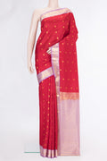 Maroon Dual Tone Kanchipuram Silk Saree with Zari Butta on the body and Zari Border.  displayed on a mannequin