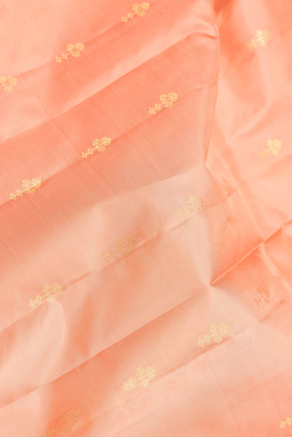 Close up of Rose Gold Dual Tone Kanchipuram Silk Saree with Zari Butta on the body and Zari Border.  displaying folds