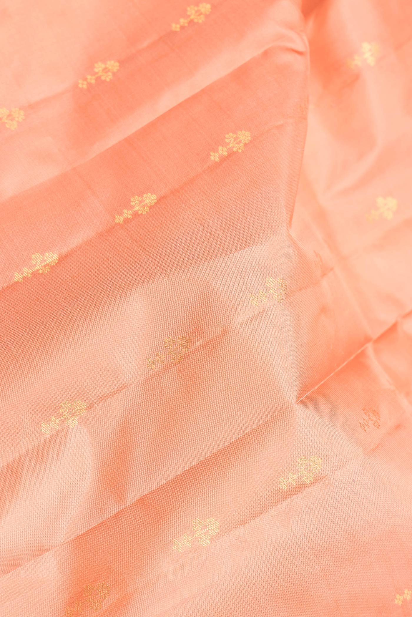 Close up of Rose Gold Dual Tone Kanchipuram Silk Saree with Zari Butta on the body and Zari Border.  displaying folds