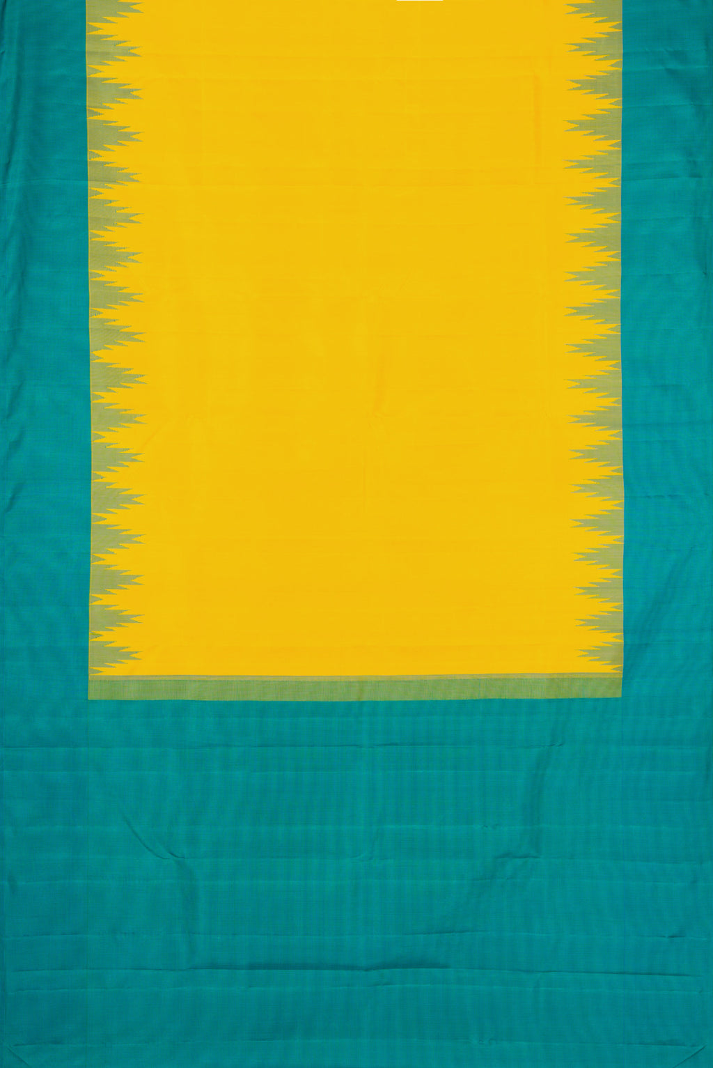 Flat view of Yellow Dual Tone Kanjivaram Silk Saree with Plain Body and Temple Border. 