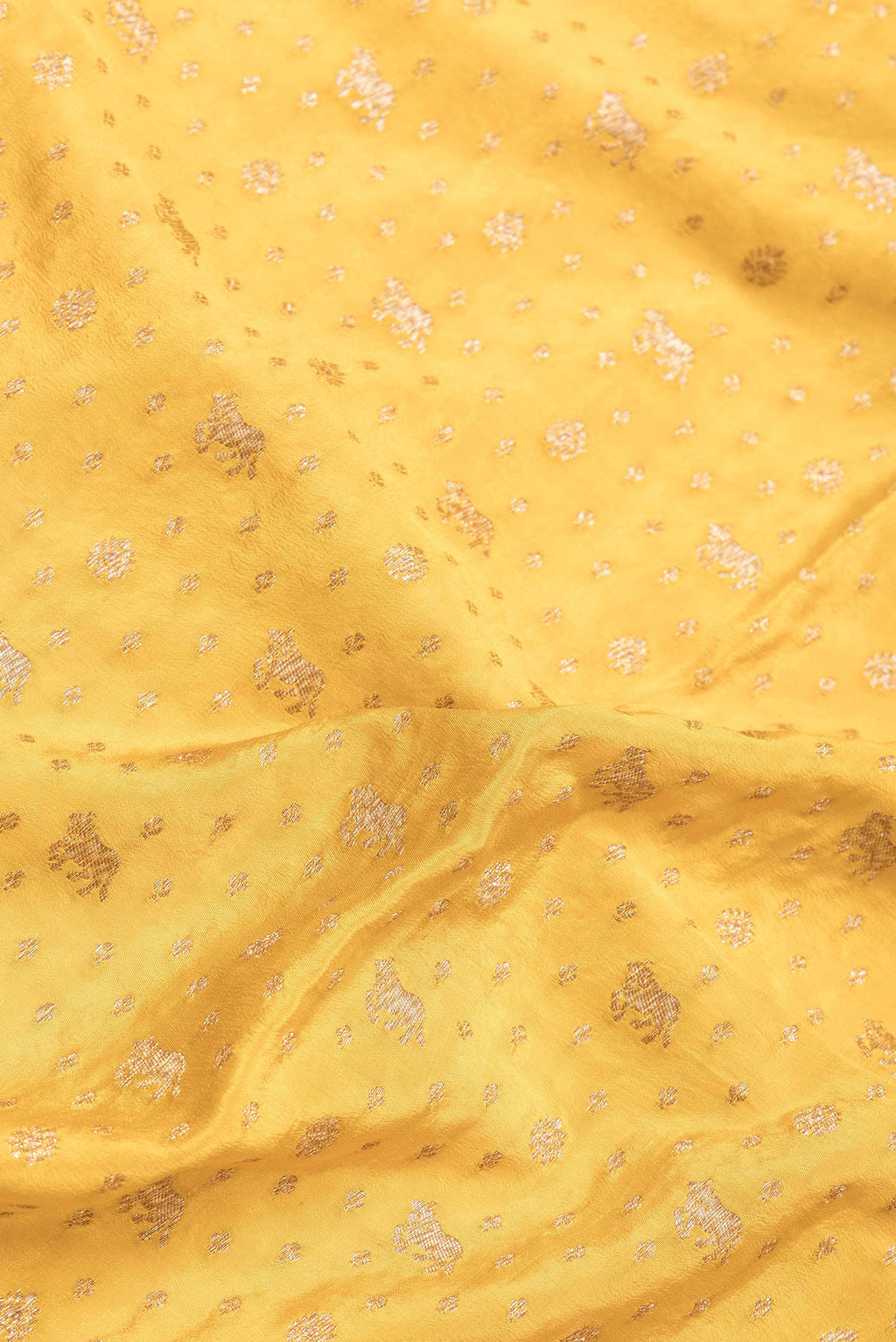 Close up of Yellow Dual Tone Banarasi Georgette Saree with Zari Brocade on the body and Zari Border.  displaying folds