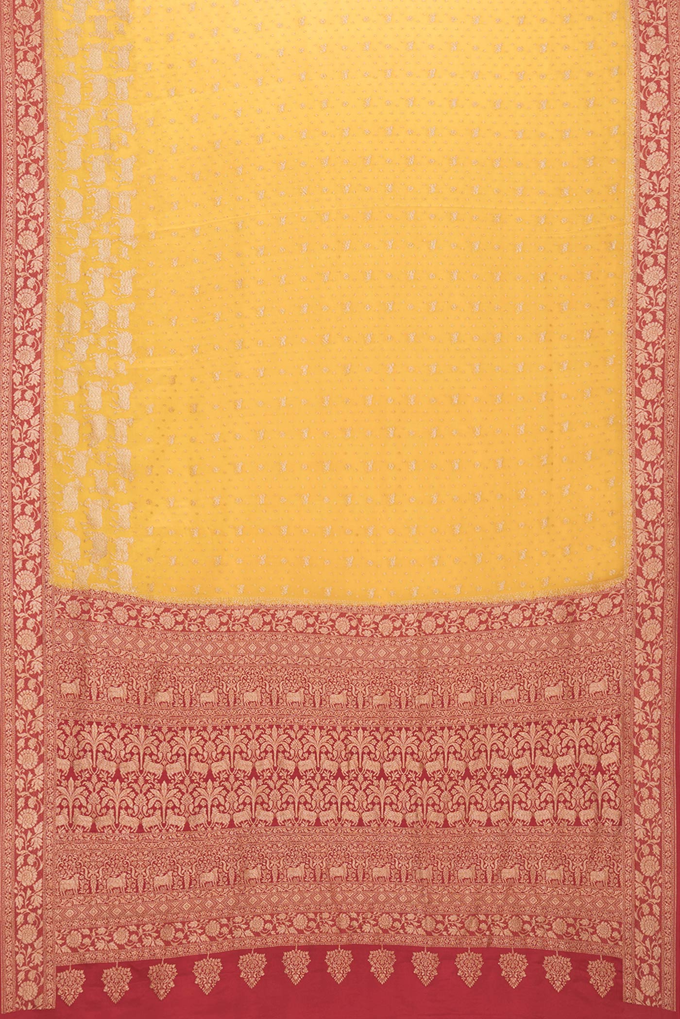 Flat view of Yellow Dual Tone Banarasi Georgette Saree with Zari Brocade on the body and Zari Border. 
