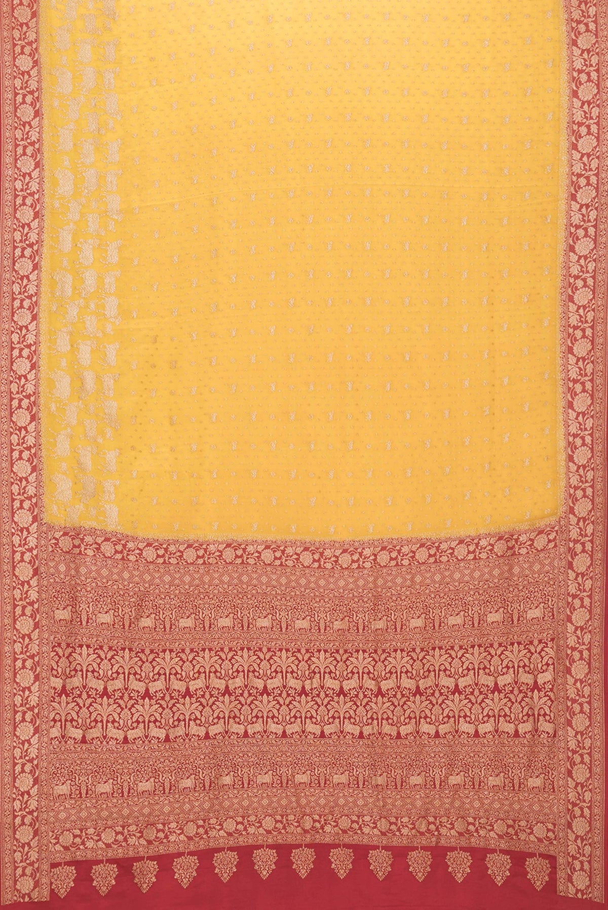 Flat view of Yellow Dual Tone Banarasi Georgette Saree with Zari Brocade on the body and Zari Border. 