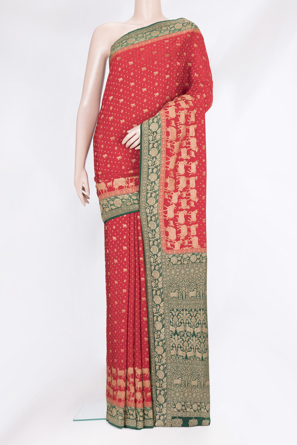 Red Banarasi Georgette Saree with Zari Brocade on the body and Zari Border.  displayed on a mannequin