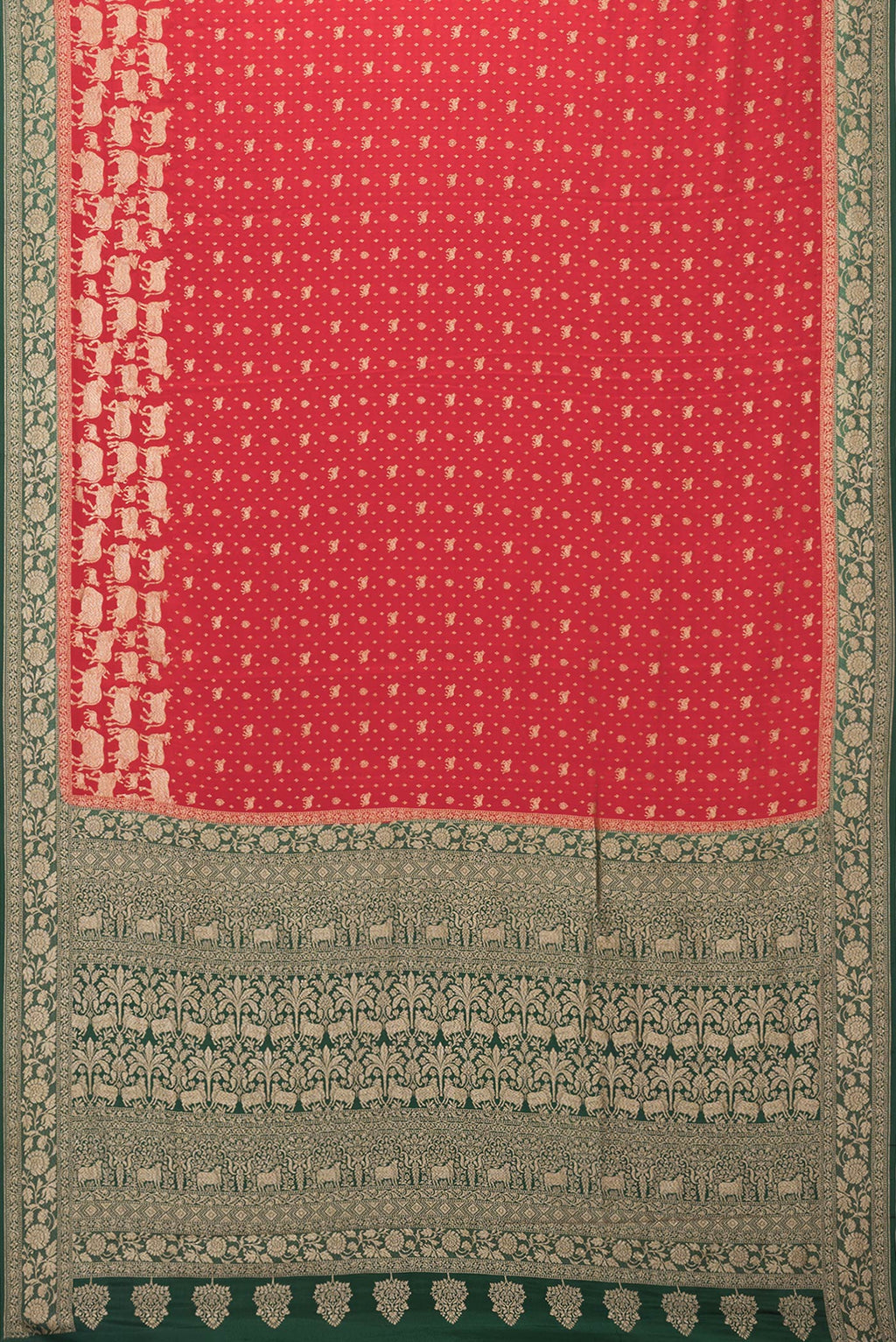 Flat view of Red Banarasi Georgette Saree with Zari Brocade on the body and Zari Border. 
