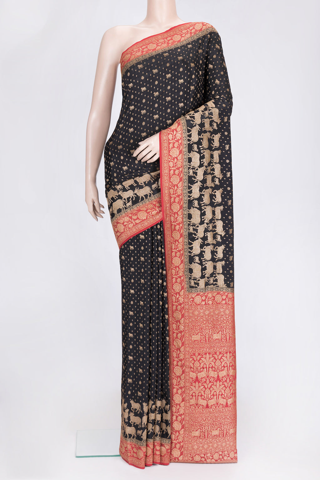Black Dual Tone Banarasi Georgette Saree with Zari Butta on the body and Zari Border.  displayed on a mannequin