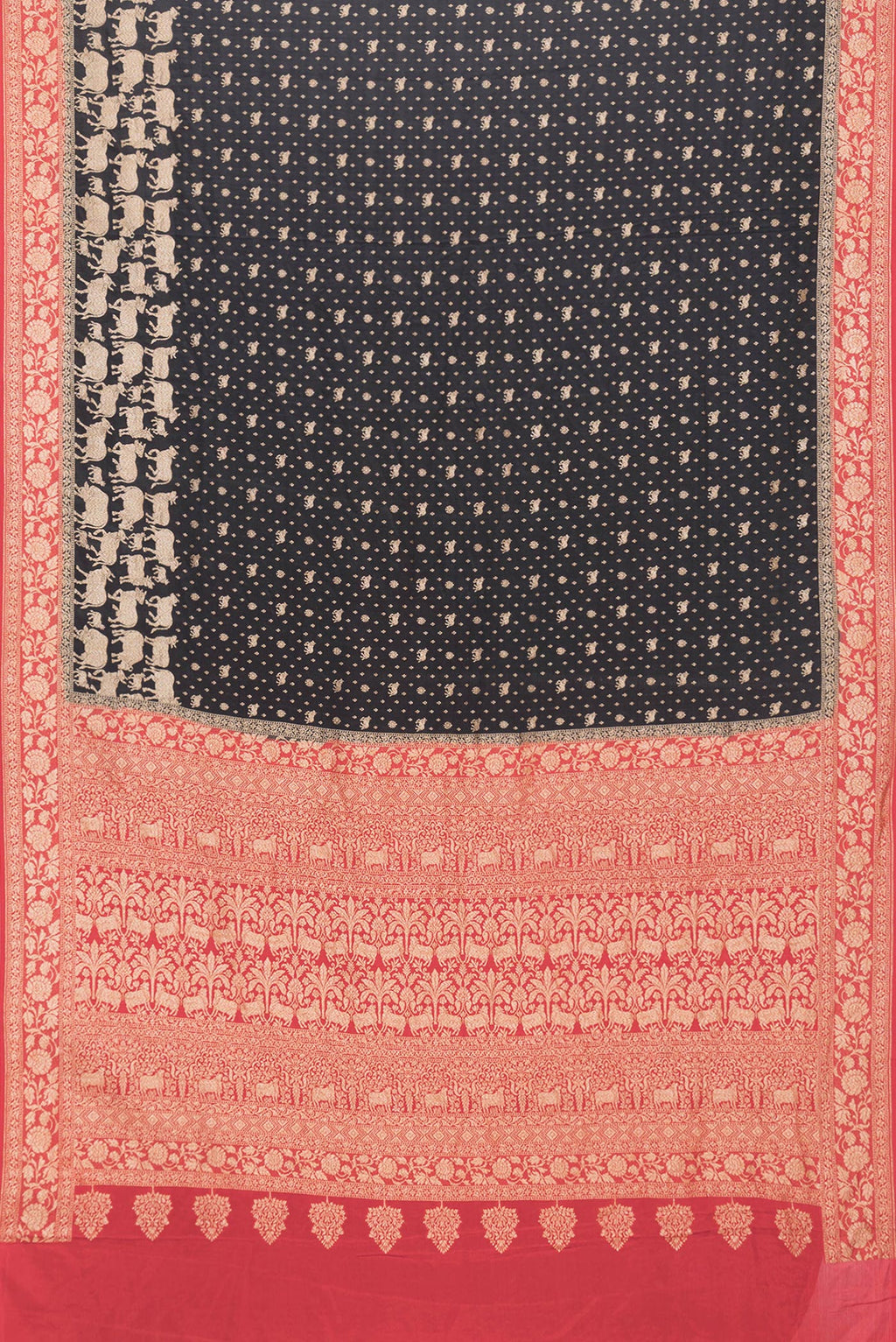 Flat view of Black Dual Tone Banarasi Georgette Saree with Zari Butta on the body and Zari Border. 