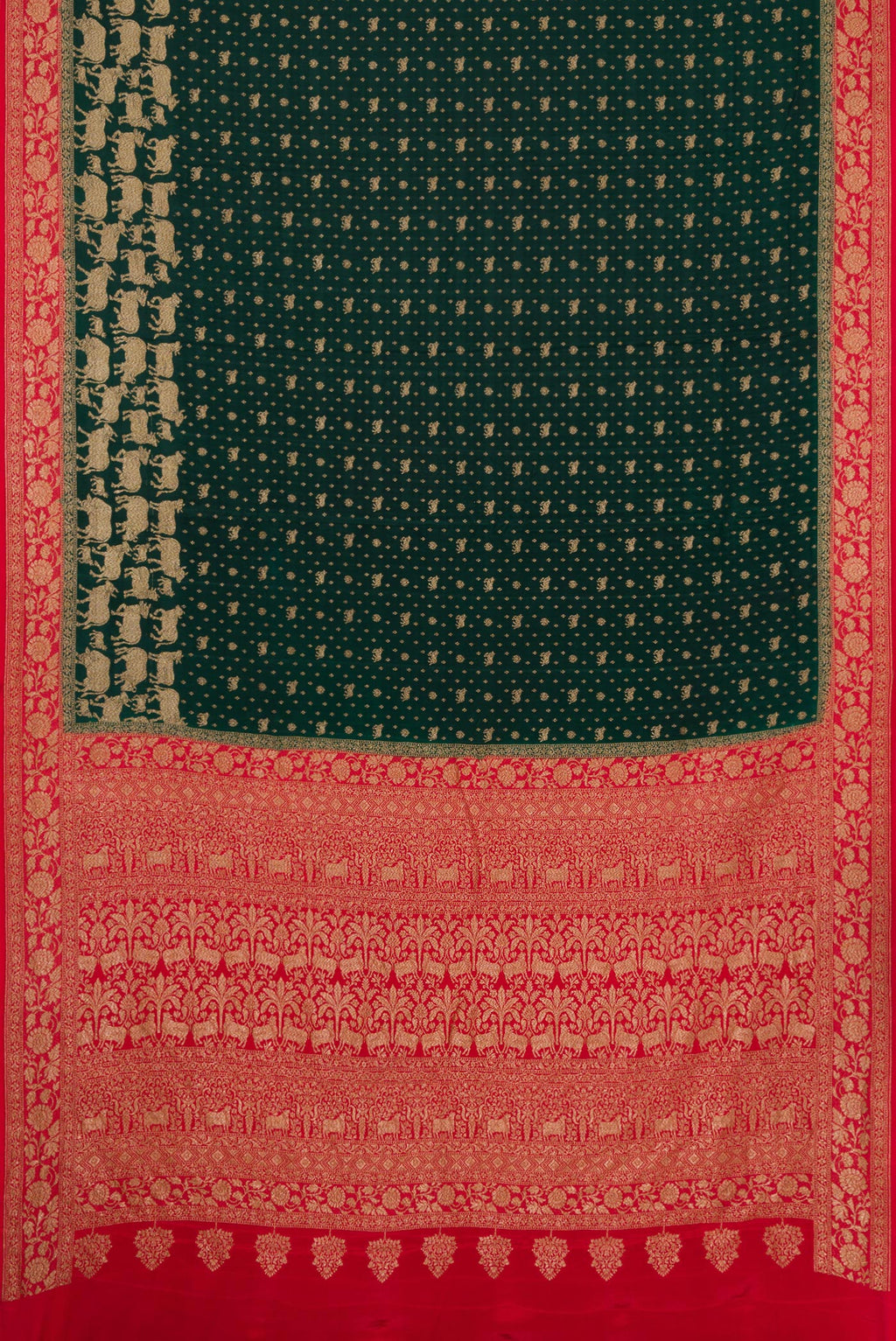 Flat view of Bottle Green Dual Tone Mysore Georgette Saree with Zari Butta on the body and Zari Border. 