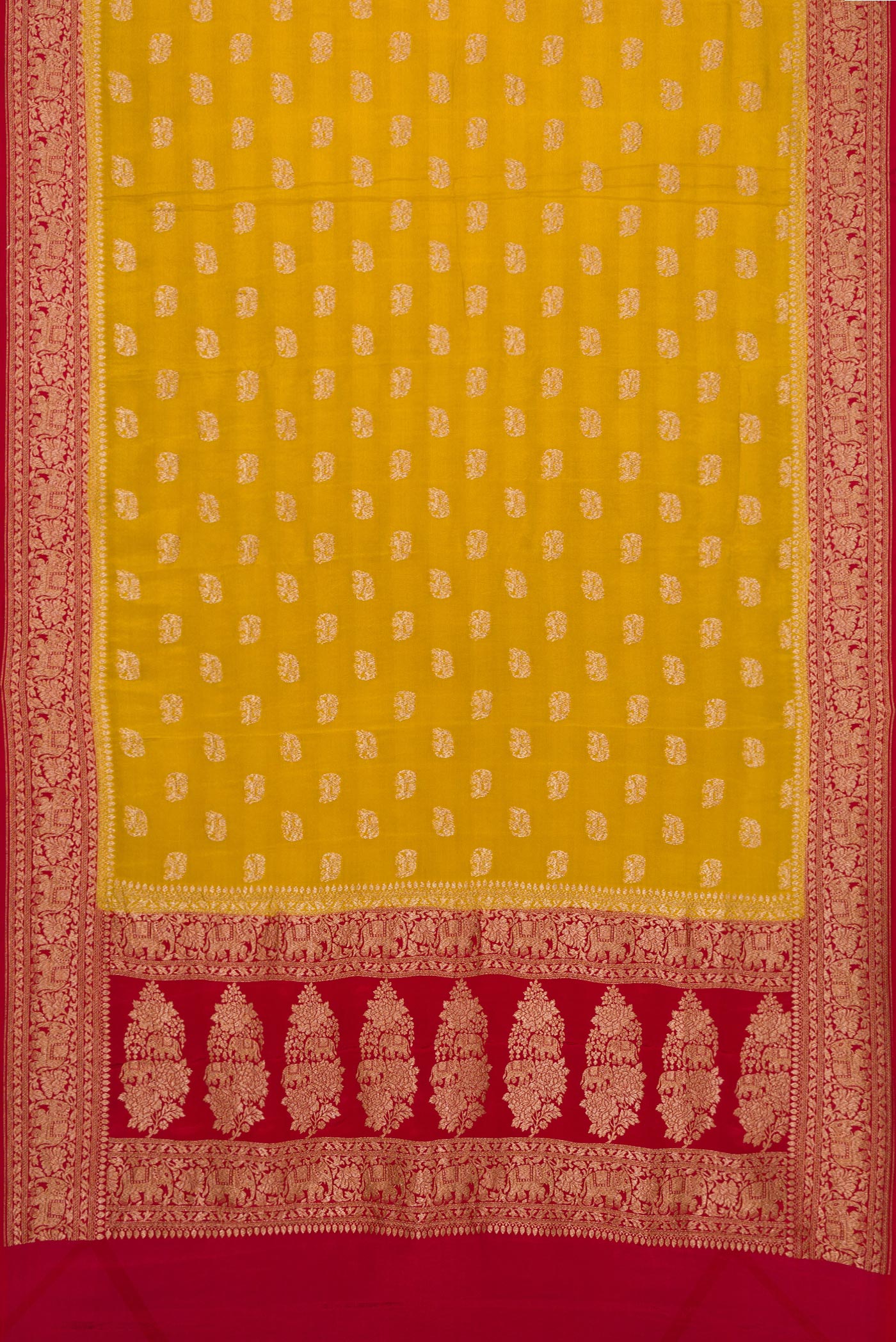 Flat view of Green Dual Tone Mysore Georgette Saree with Zari Butta on the body and Zari Border. 