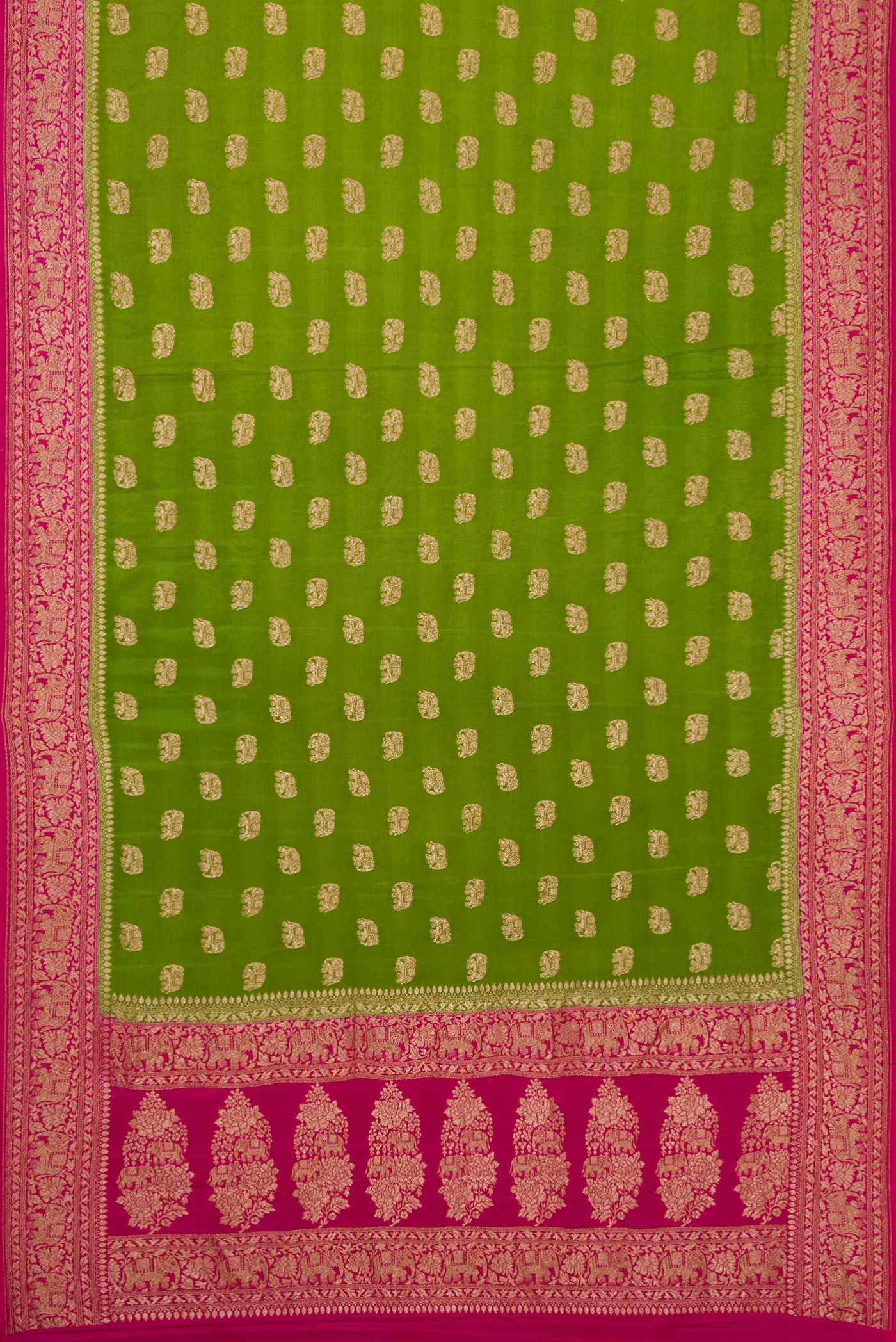 Flat view of Green Dual Tone Mysore Georgette Saree with Zari Butta on the body and Zari Border. 