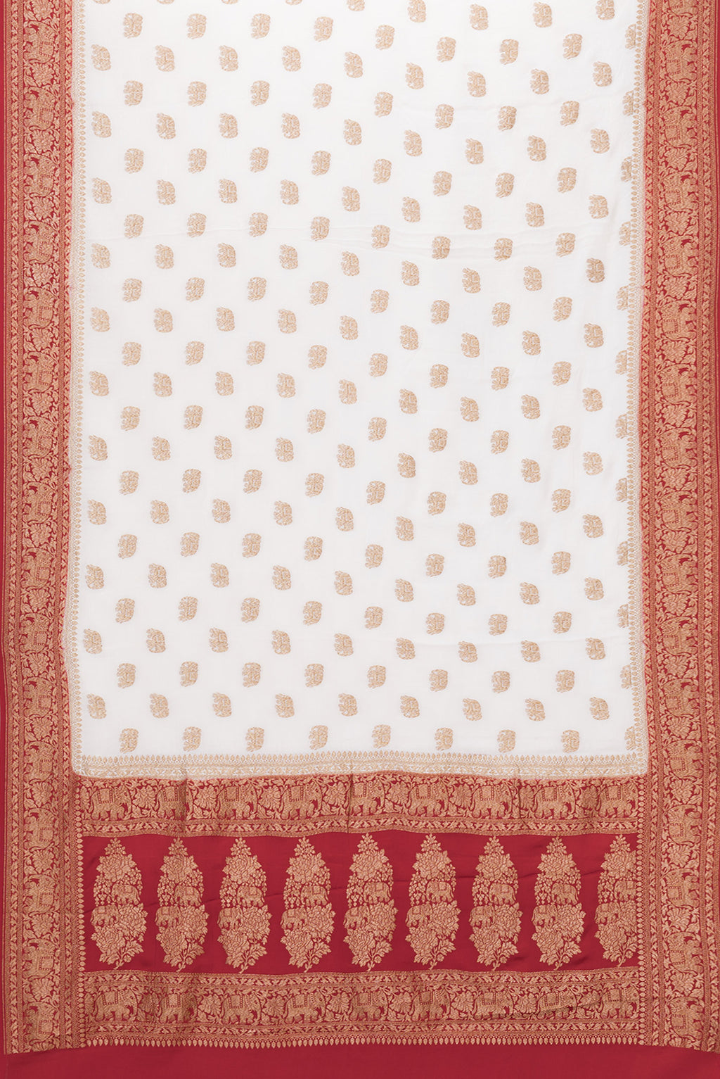 Flat view of Off White Banarasi Georgette Saree with Zari Butta on the body and Zari Border. 