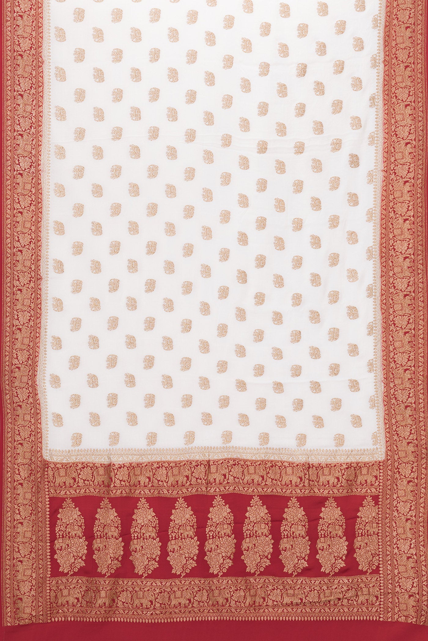Flat view of Off White Banarasi Georgette Saree with Zari Butta on the body and Zari Border. 