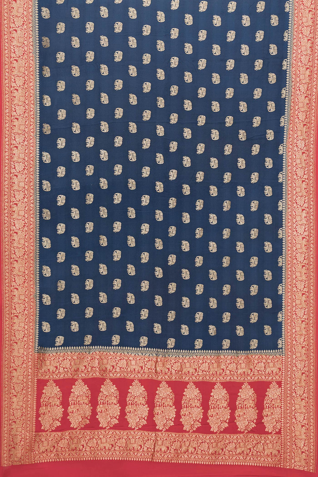 Flat view of Navy Blue Dual Tone Banarasi Georgette Saree with Zari Butta on the body and Fancy Border. 