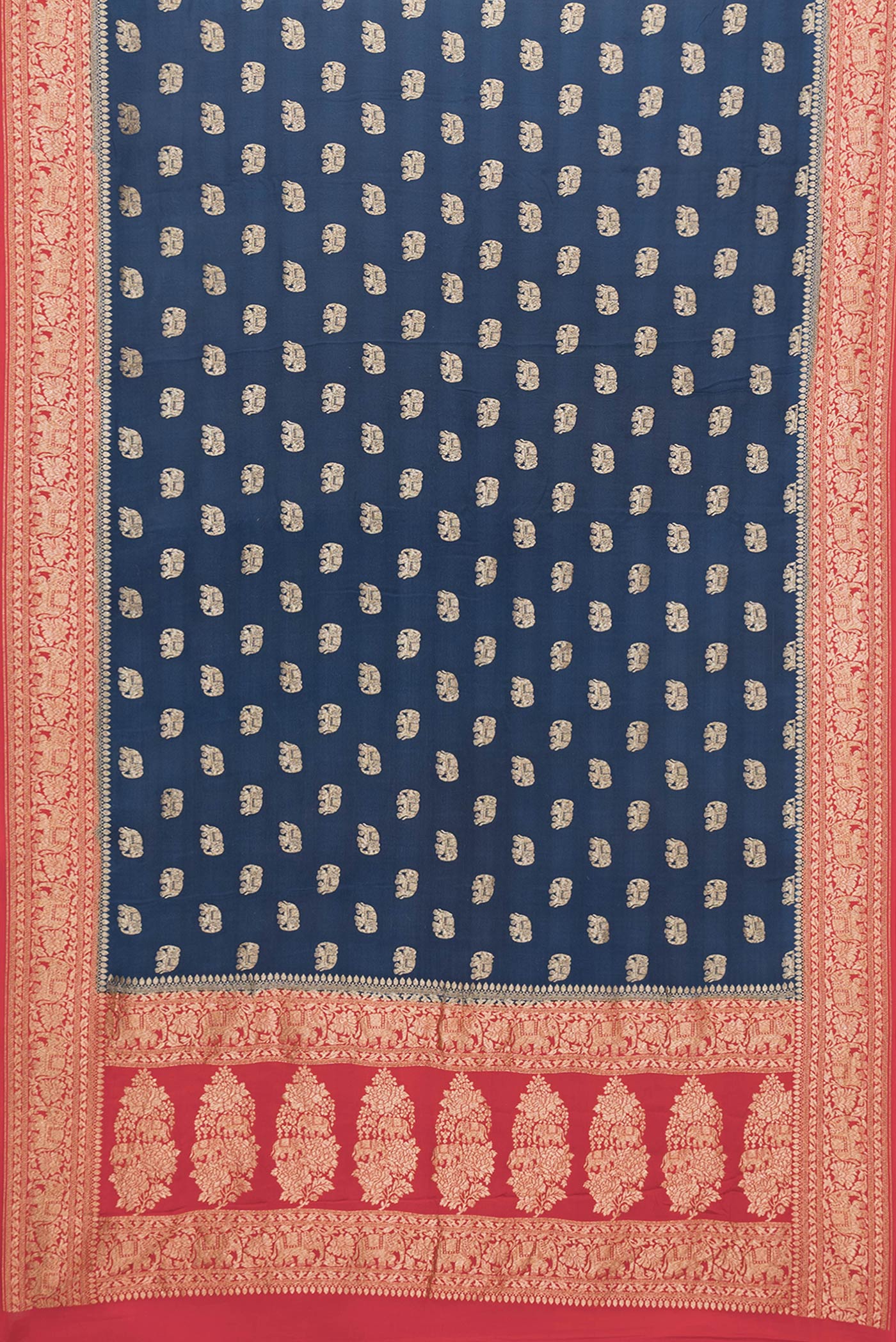 Flat view of Navy Blue Dual Tone Banarasi Georgette Saree with Zari Butta on the body and Fancy Border. 