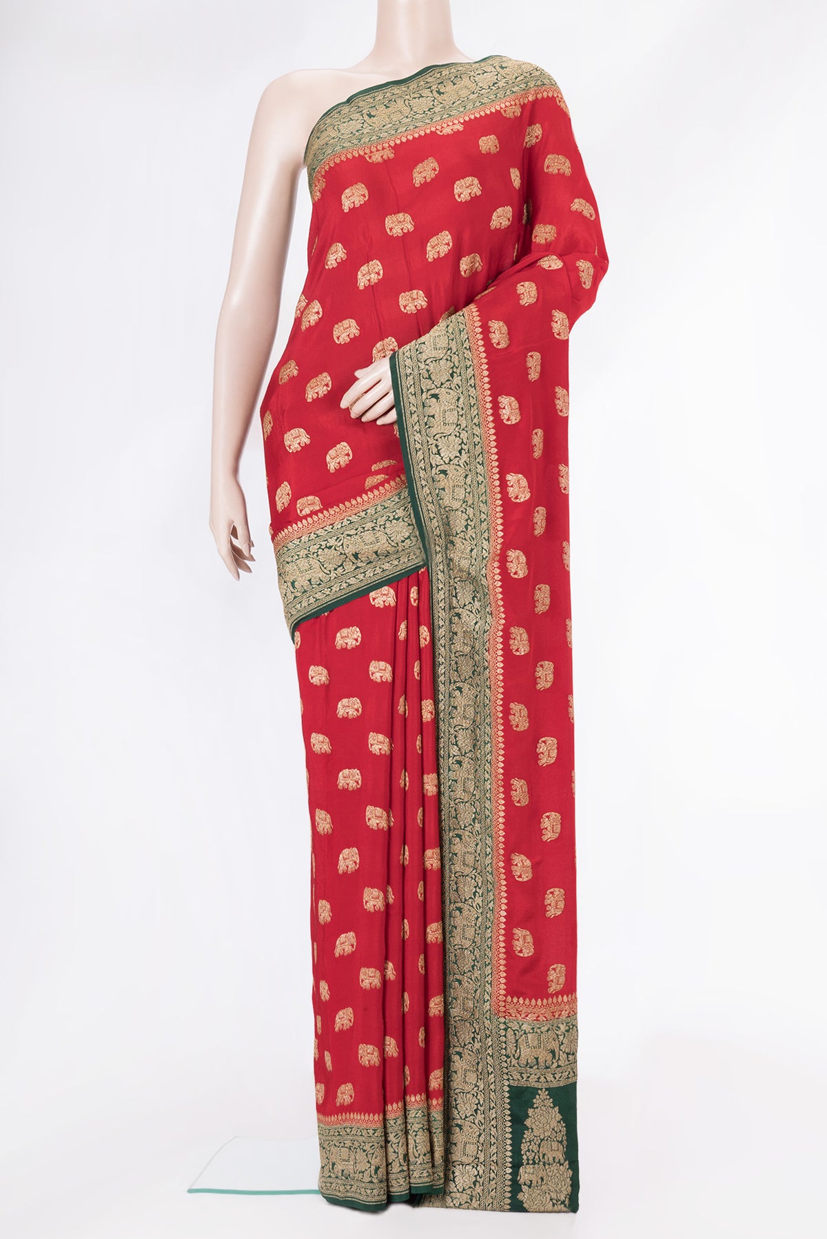 Deep Red Dual Tone Banarasi Georgette Saree with Zari Butta on the body and Zari Border.  displayed on a mannequin