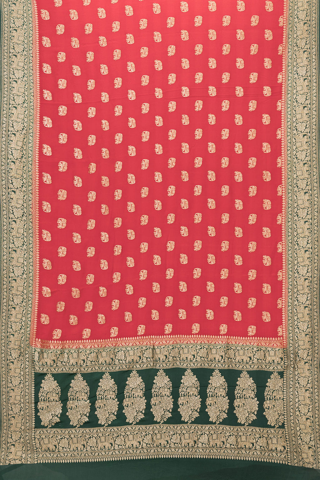 Flat view of Deep Red Dual Tone Banarasi Georgette Saree with Zari Butta on the body and Zari Border. 