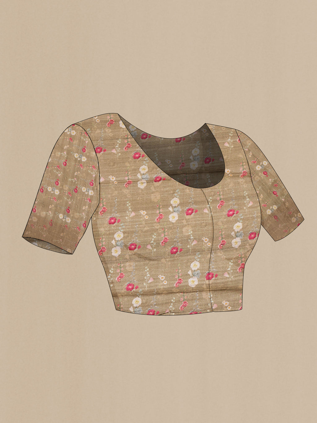 Close up image of the blouse of Dark Beige Tussar Silk Saree with Printed design on the body and Zari Border. 
