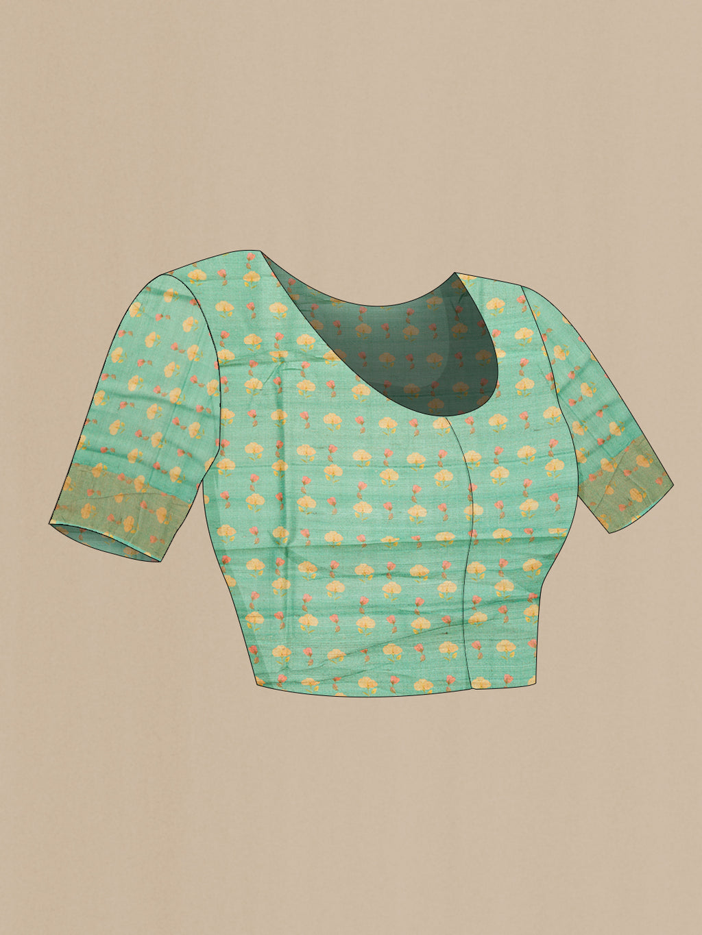 Close up image of the blouse of Green Dual Tone Tussar Silk Saree with Printed design on the body and Zari Border. 
