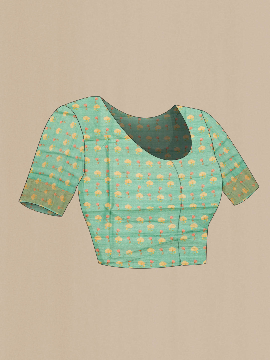 Close up image of the blouse of Green Dual Tone Tussar Silk Saree with Printed design on the body and Zari Border. 