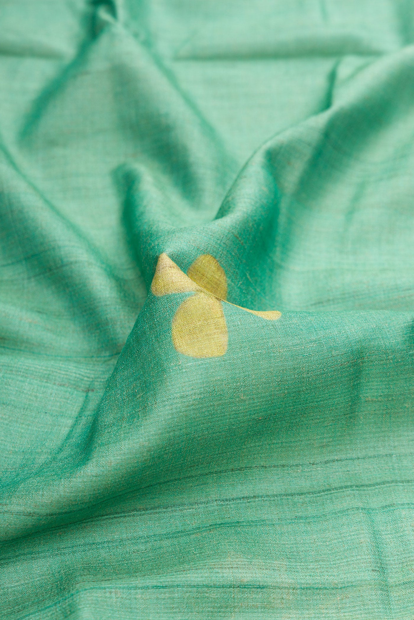 Close up of Green Dual Tone Tussar Silk Saree with Printed design on the body and Zari Border.  displaying folds