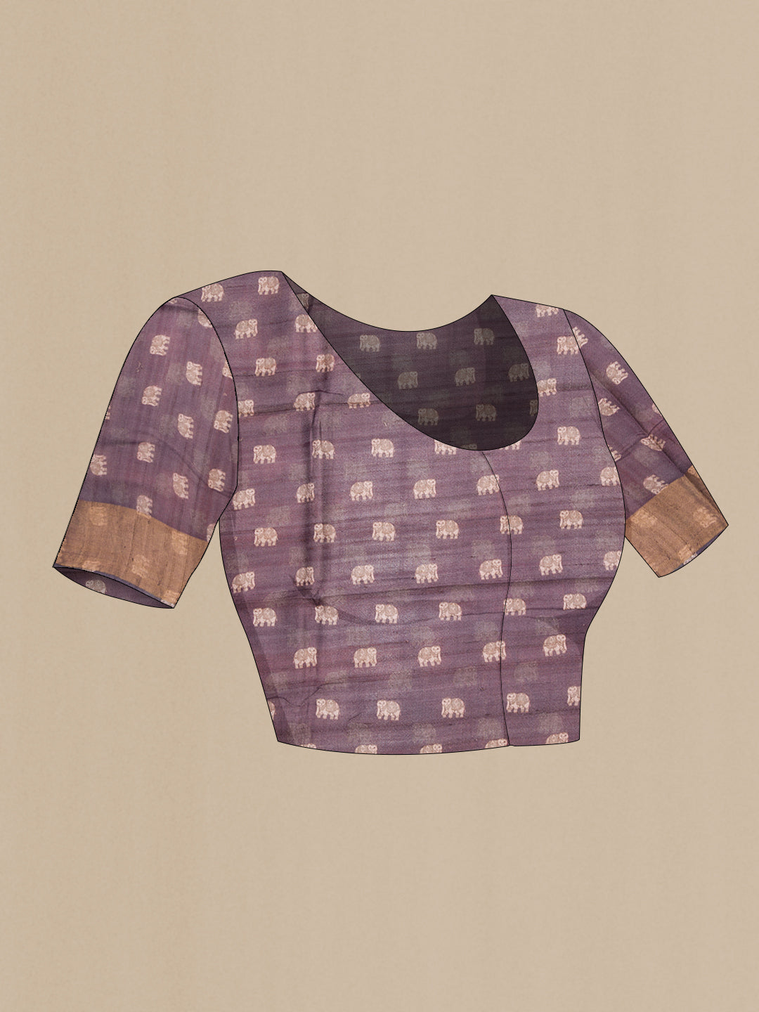 Close up image of the blouse of Purple Dual Tone Tussar Silk Saree with Printed design on the body and Zari Border. 