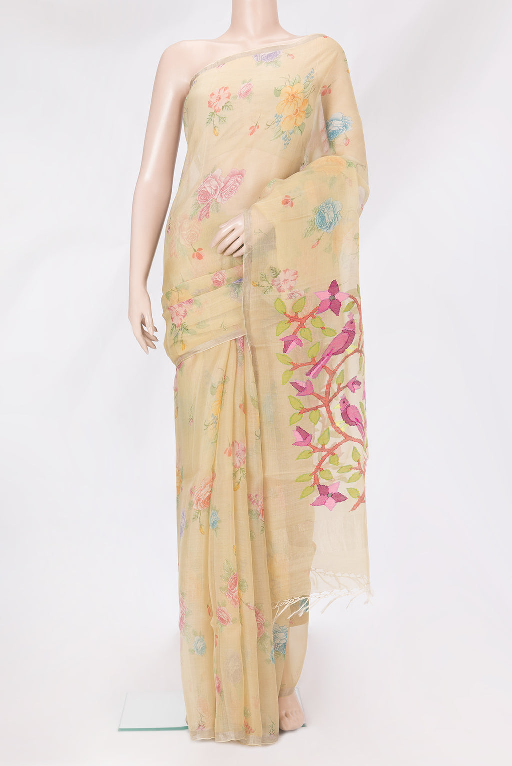 Sandal Organza Silk Saree with Printed design on the body and Zari Border.  displayed on a mannequin