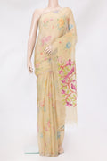 Sandal Organza Silk Saree with Printed design on the body and Zari Border.  displayed on a mannequin