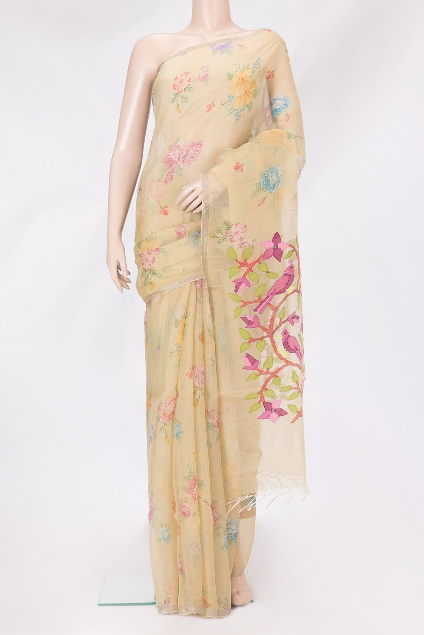 Sandal Organza Silk Saree with Printed design on the body and Zari Border.  displayed on a mannequin