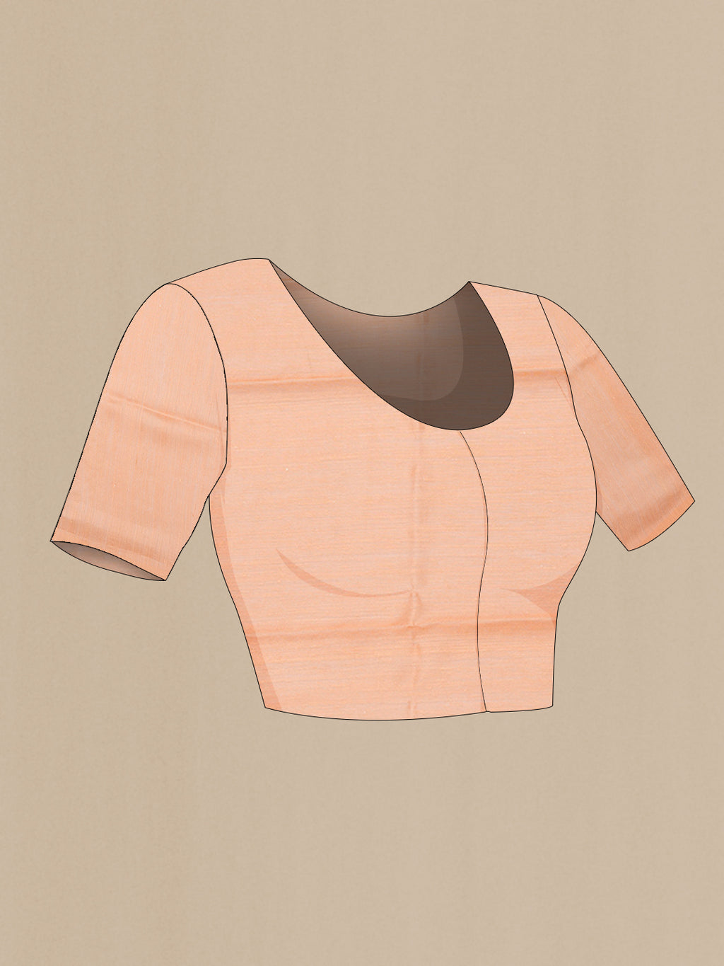 Close up image of the blouse of Peach Organza Silk Saree with Printed design on the body and Without Border. 