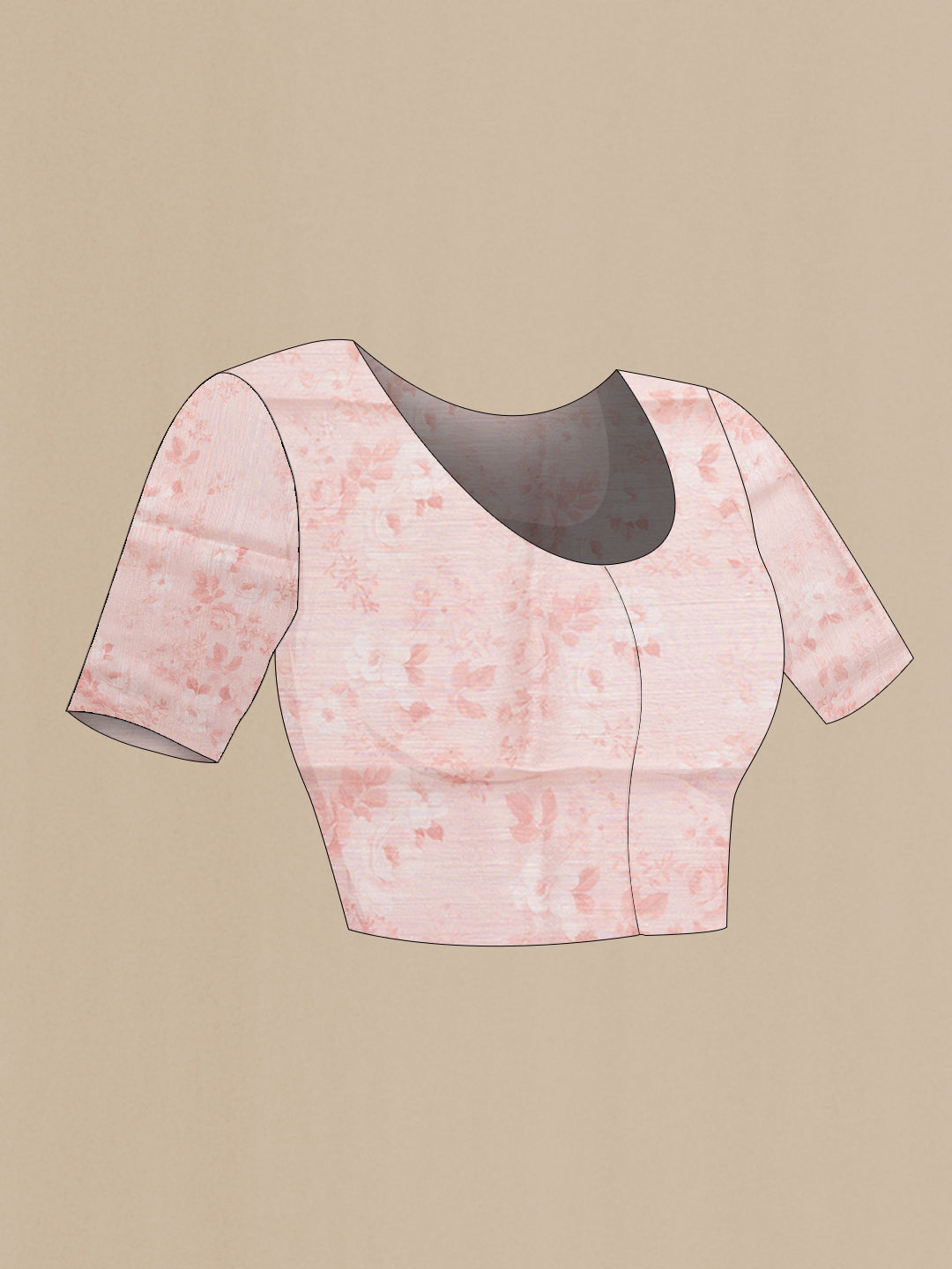 Close up image of the blouse of Rose Gold Organza Silk Saree with Floral Print on the body and Without Border. 