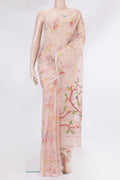 Rose Gold Organza Silk Saree with Floral Print on the body and Without Border.  displayed on a mannequin