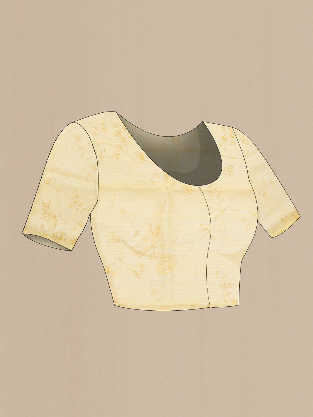 Close up image of the blouse of Lemon Yellow Organza Silk Saree with Printed design on the body and Without Border. 