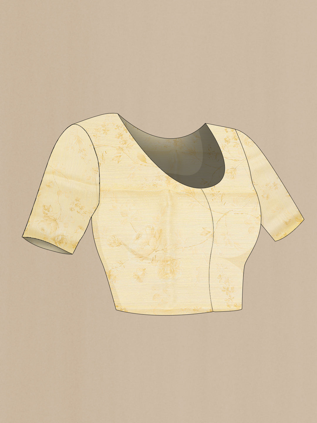 Close up image of the blouse of Lemon Yellow Organza Silk Saree with Printed design on the body and Without Border. 